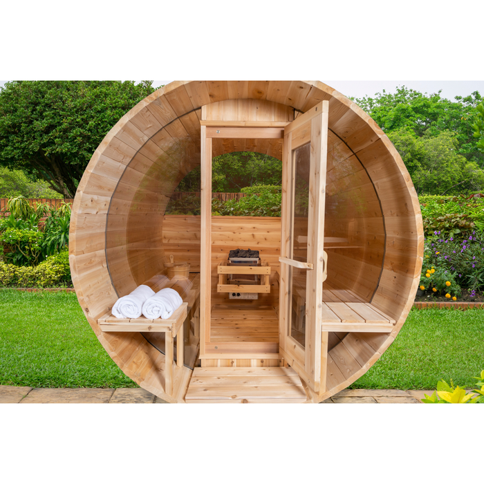 Leisurecraft Serenity MP 4 Person Barrel Sauna with Porch and Windows (CTC2245MPE)
